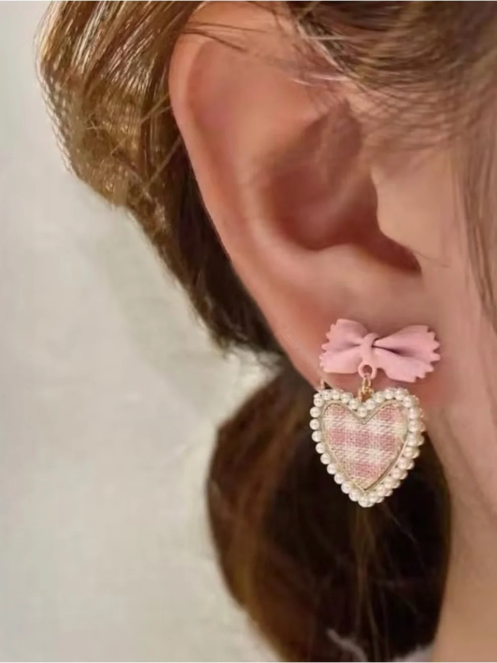 Pink Bow & Heart Pearl Drop Earrings for Kids